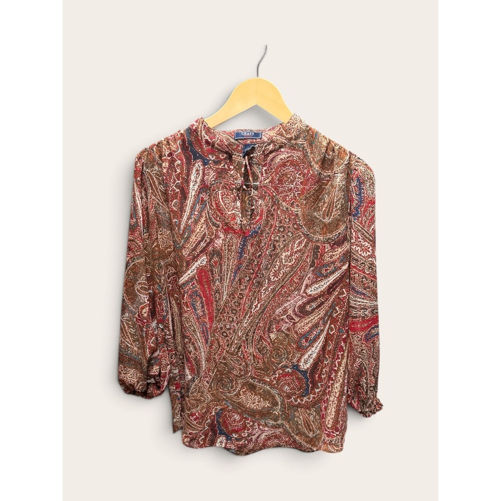 Chaps Denim Womens Large Paisley Print Tie Neck 3/4 Sleeve Blouse Red Brown